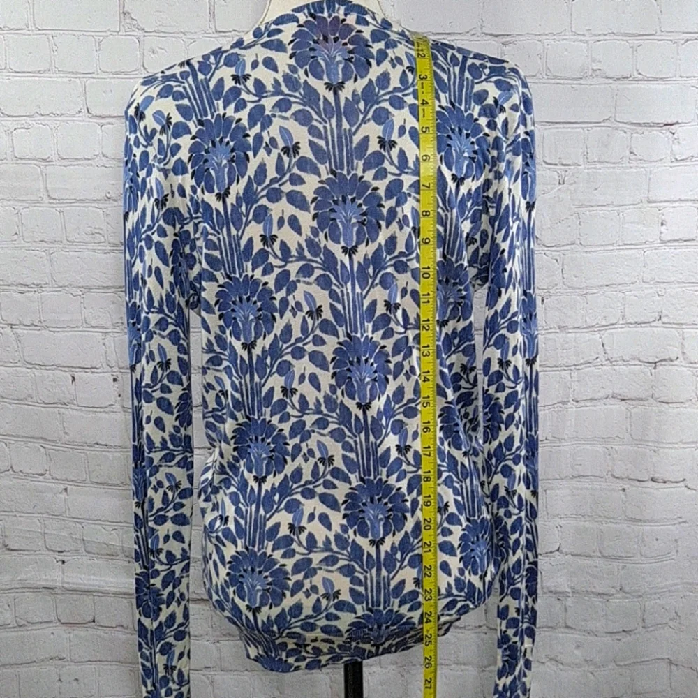 Tory Burch Blue Floral Silk V-Neck Cardigan